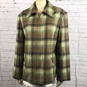 Evan Piccone size 14 Wool Plaid blend Shirt coat, EUC Green Browns Shacket